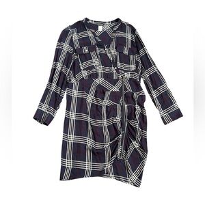 VENUS Midi Asymmetrical V-Neck Navy and White Plaid Long Sleeve Dress Size 18